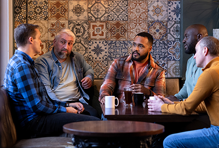 A group of men sitting around a table having coffee and conversation