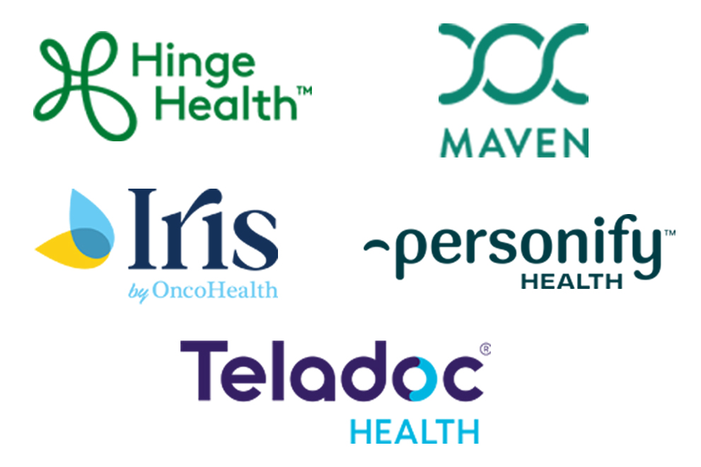 Logos of some of our partner businesses, Hinge Health, Maven, Omada, Onco Health, Personify Health and Teladoc Health