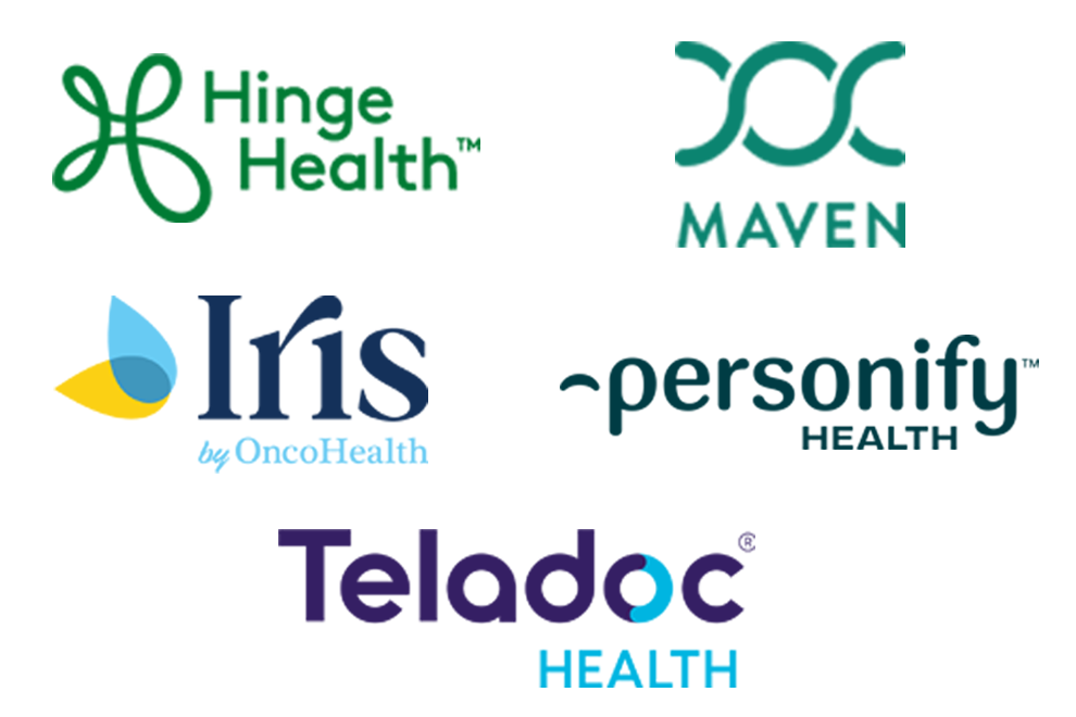Logos of some of our partner businesses, Hinge Health, Maven, Omada, Onco Health, Personify Health and Teladoc Health
