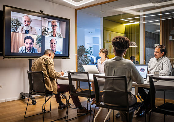 A group of workers attend a webinar. 