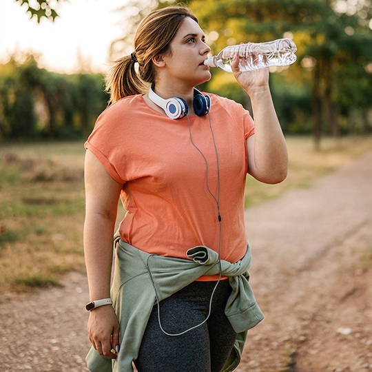 A woman pauses her workout to take a drink of water