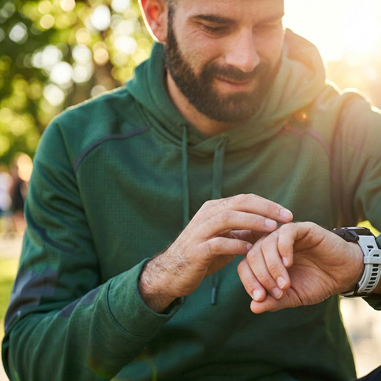 A man checks his smart watch and mobile device