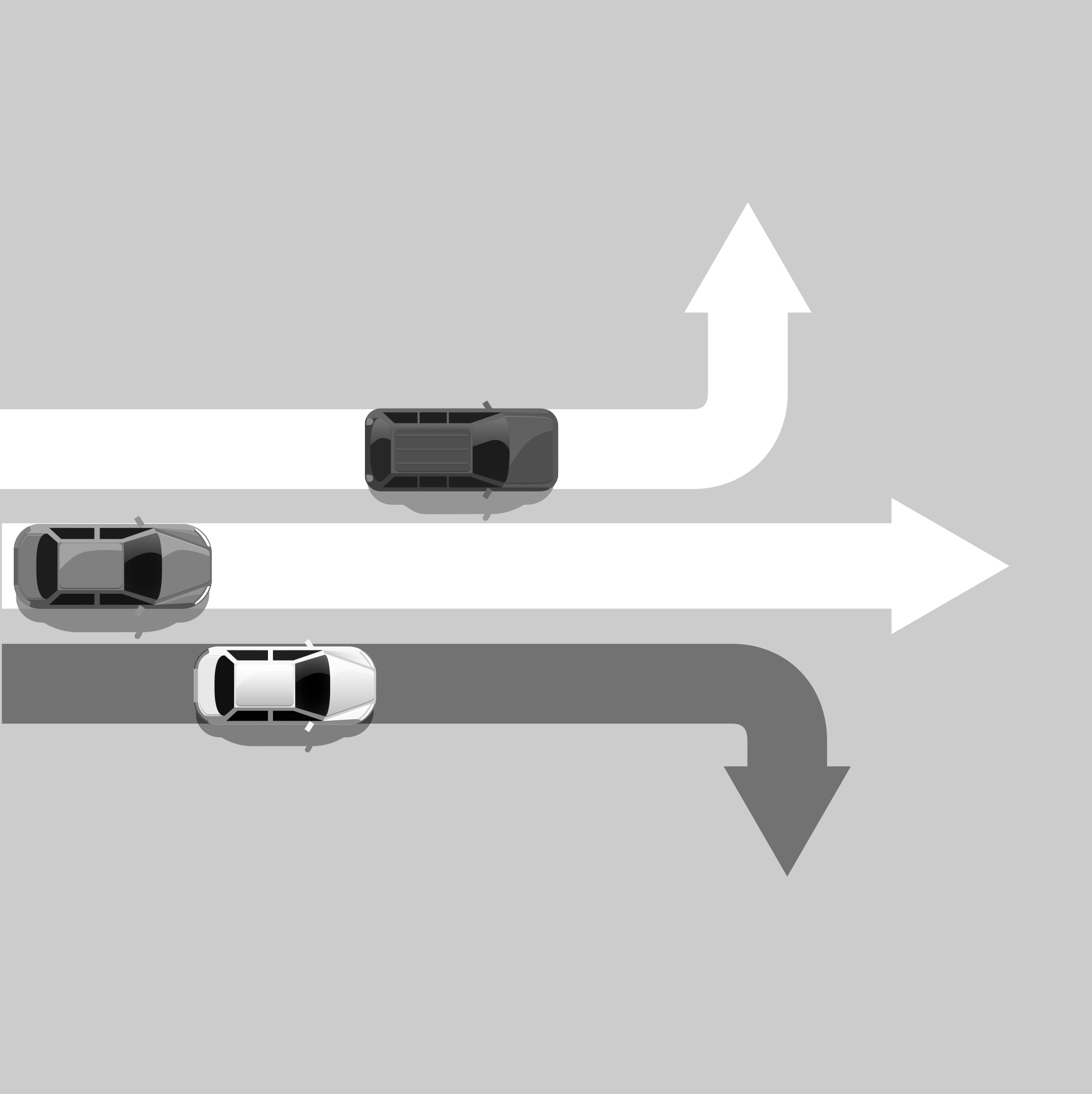 Three cars driving and turning in different directions.