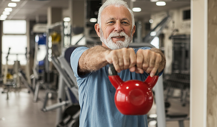 An older man exercises with a kettle ball.