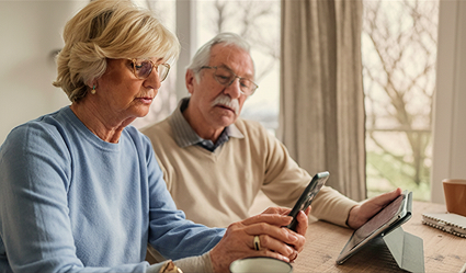 Two seniors look over their health care plans online.