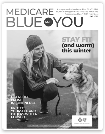  Medicare Blue and You fall magazine cover featuring a woman petting a dog.