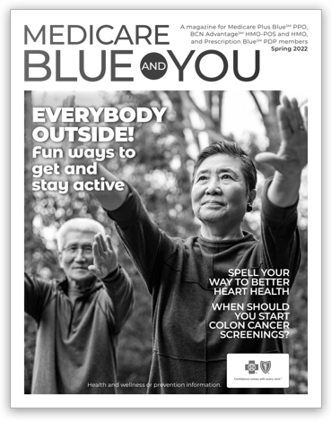 Medicare Blue and You spring magazine cover featuring two people working out.