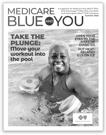  Medicare Blue and You summer magazine cover featuring a woman swimming in a pool.