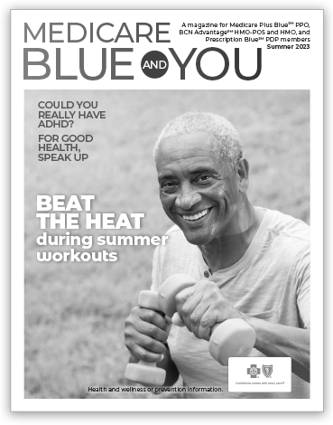  Medicare Blue and You summer magazine cover featuring a man with weights.