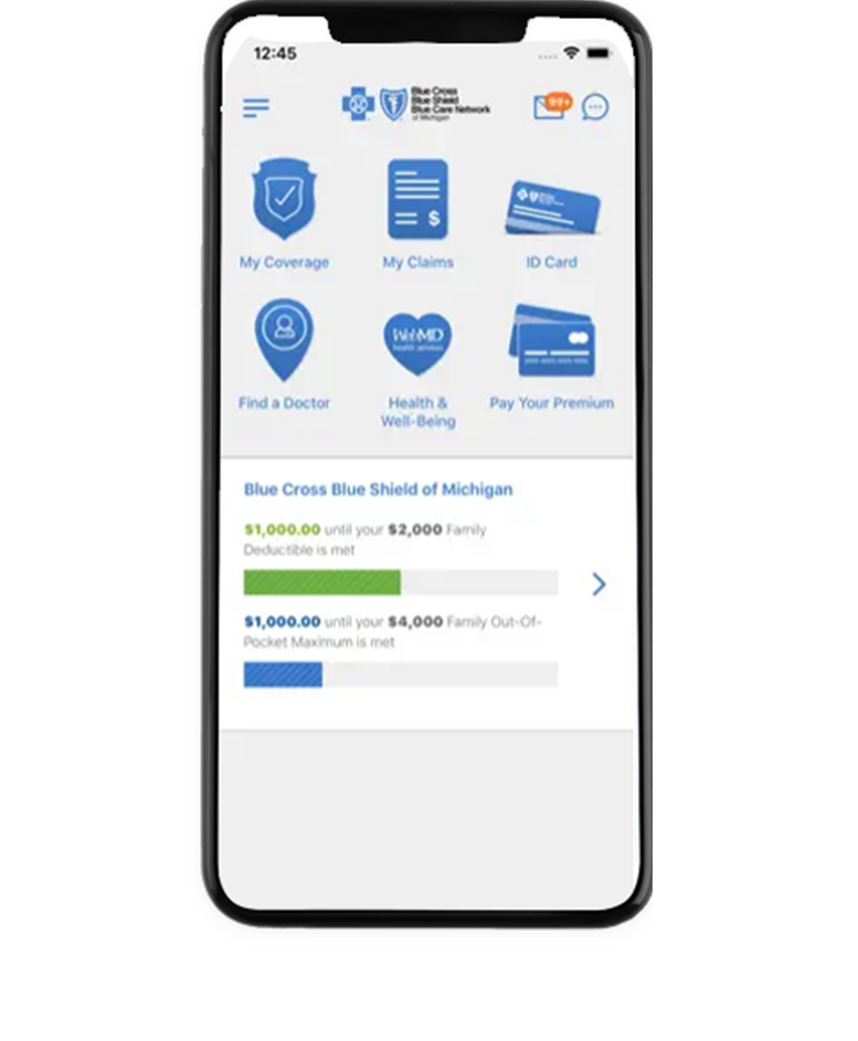 The BCBSM mobile app on a phone screen