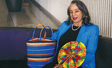 Michigan public school retiree Yvette with items from her trip to Ghana.