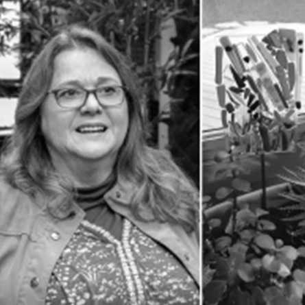 Michigan public school retiree Barbara next to her fused glass artwork.