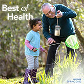 Spring 2022 newsletter cover featuring a senior man and a young girl outdoors catching tadpoles.