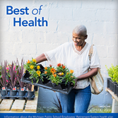 Spring 2023 newsletter cover featuring a senior woman carrying a bed of flowers. 