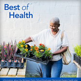 Spring 2023 newsletter cover featuring a senior woman carrying a bed of flowers.
