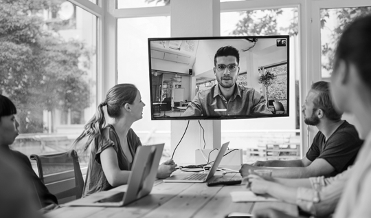 Four people in an office look at a monitor that shows a man speaking