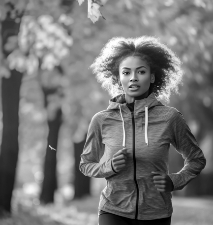 A woman jogging up stairs