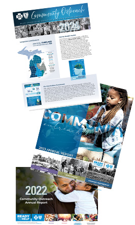 Cover images of Community Outreach and Responsibility reports.