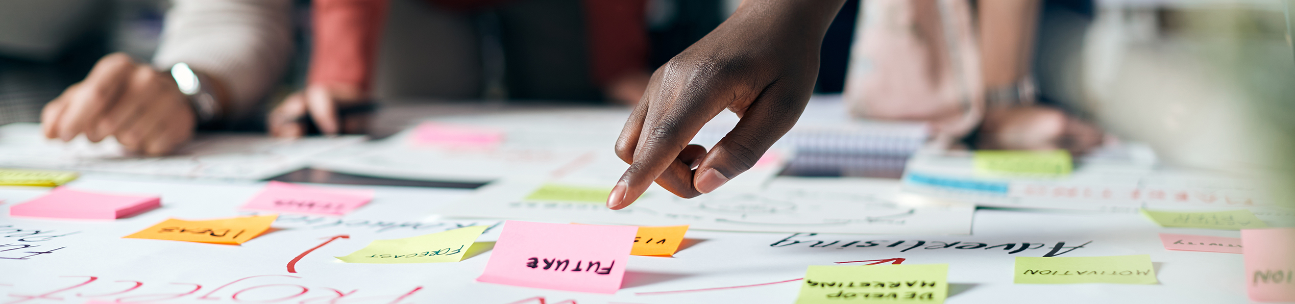 A hand points to a card that says future.