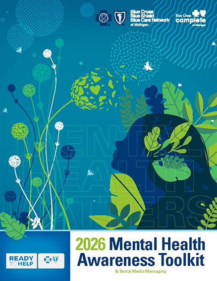 Cover of the 2026 Mental Health Awareness Toolkit featuring abstract botanical artwork and BCBSM branding.