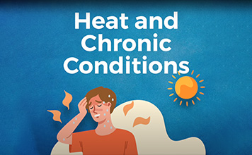 Illustration of a person experiencing heat-related distress, with text that reads, "Heat and Chronic Conditions"
