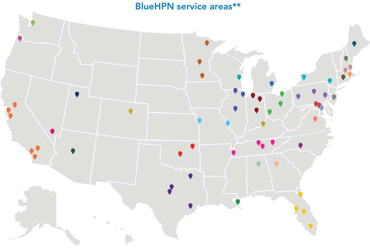 The BlueHPN service area map with legal mark double asterisk