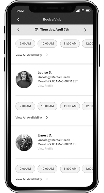 A screenshot of the oncology-specific mental health care options on the Iris app