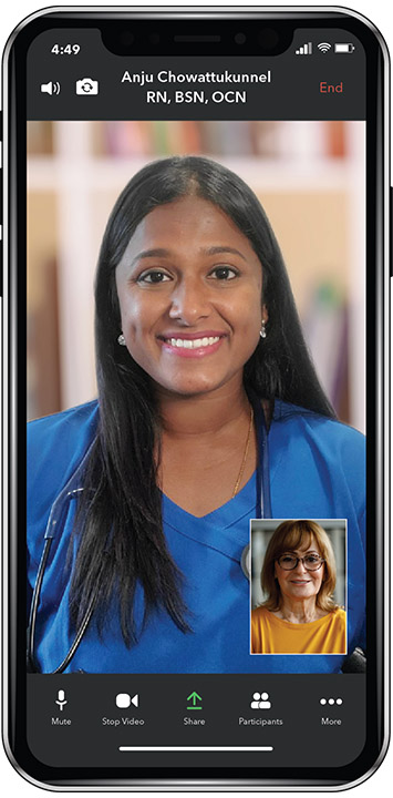 A screenshot of a video chat with an oncology nurse