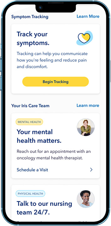 A screenshot of the oncology-specific mental health care options on the Iris app