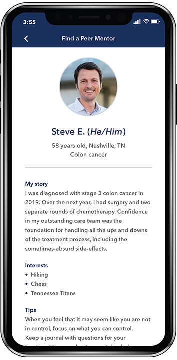 A screenshot of a chat with a patient peer mentor using the Iris app