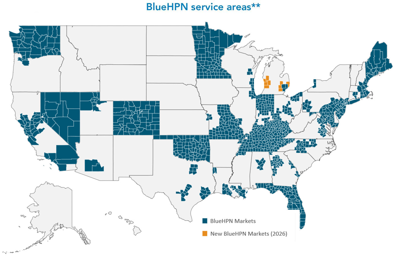 The BlueHPN service area map with legal mark double asterisk showing BlueHPN Markets and New BlueHPN Markets 2026