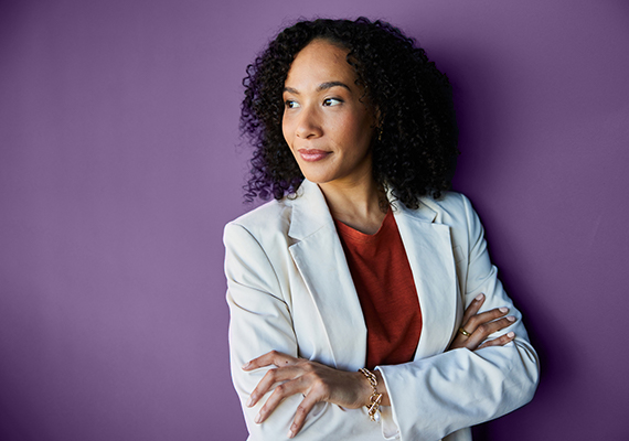 A woman look off to the side