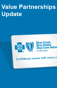 Value Partnerships Update Banner with 5 physicians face outward with the Blue Cross Blue Shield Card slightly over the image