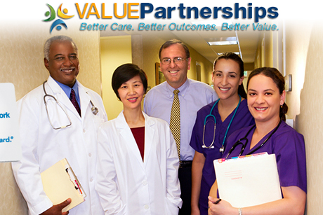 Value Partnerships Update Banner with 5 physicians face outward with the Blue Cross Blue Shield Card slightly over the image